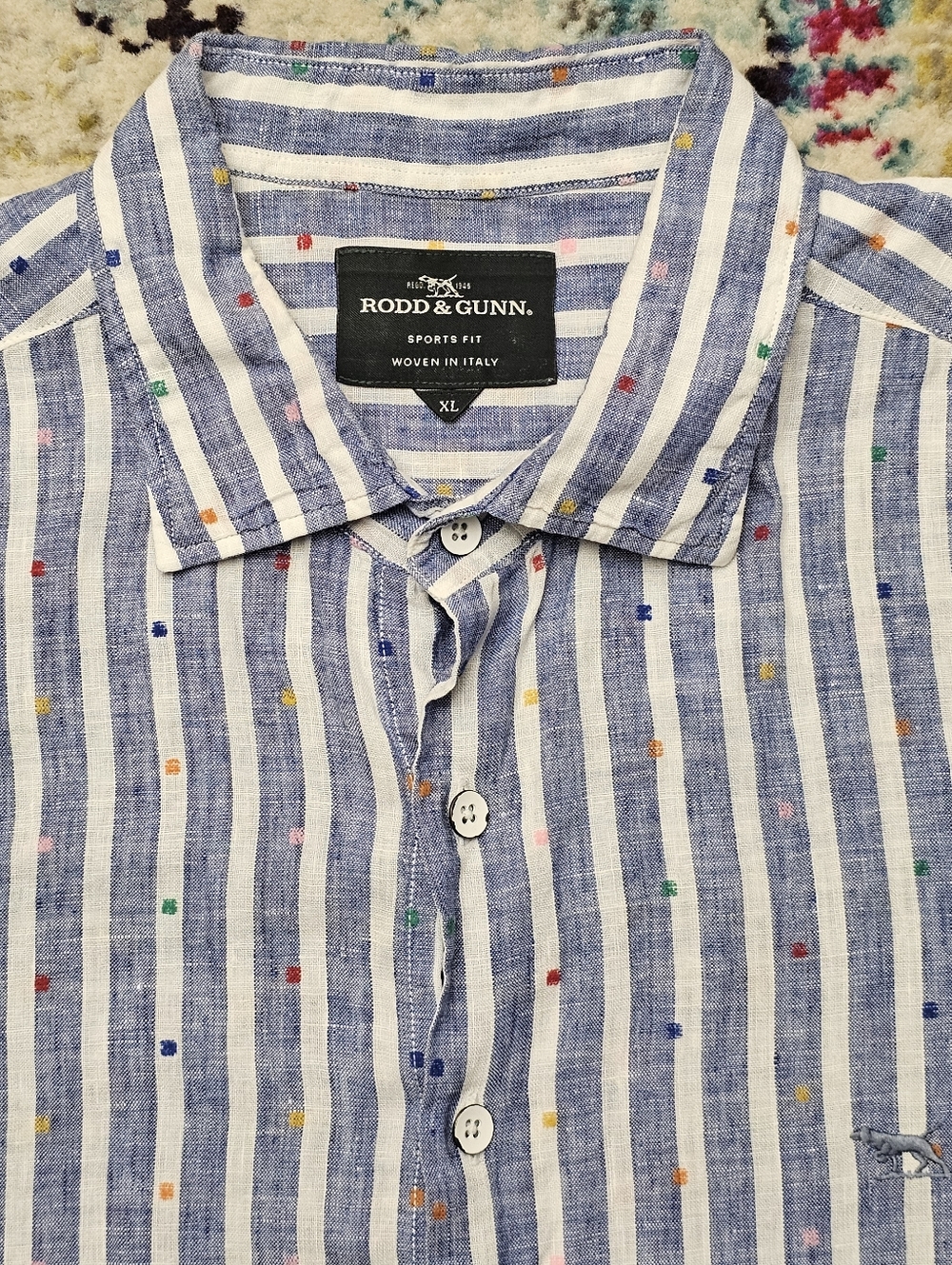Rodd & Gunn Linen Button Up Shirt Men's XL Striped & Dotted Confetti Italy Weave